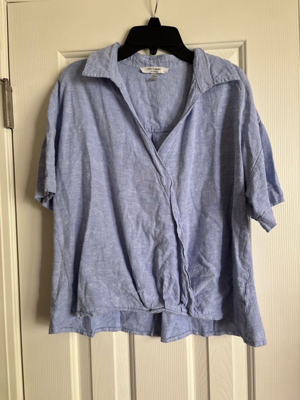 Cable & Gauge Light Blue Linen-Blend Open Collar Top